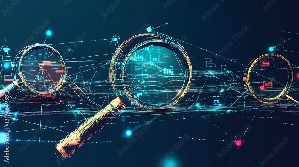 Poster Conceptual rendering of auditing systems featuring symbolic magnifying glasses interconnected pathways representing checks balances