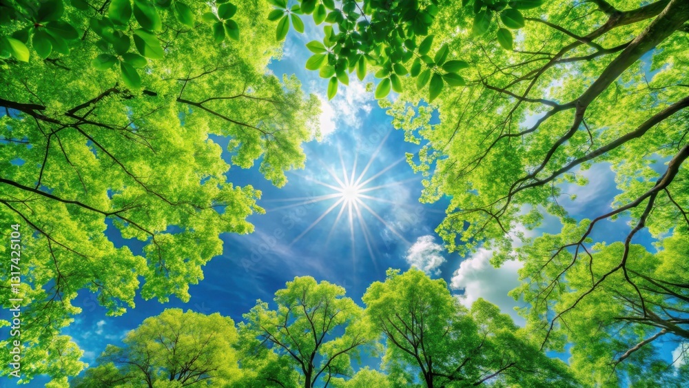 Poster a bright sun shines through a canopy of lush green trees, creating a vibrant and ethereal scene in t