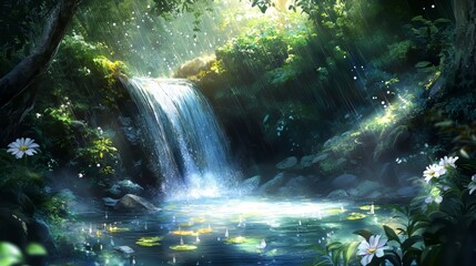 Fototapeta premium Tranquil forest scene with a cascading waterfall, illuminated by sunlight.