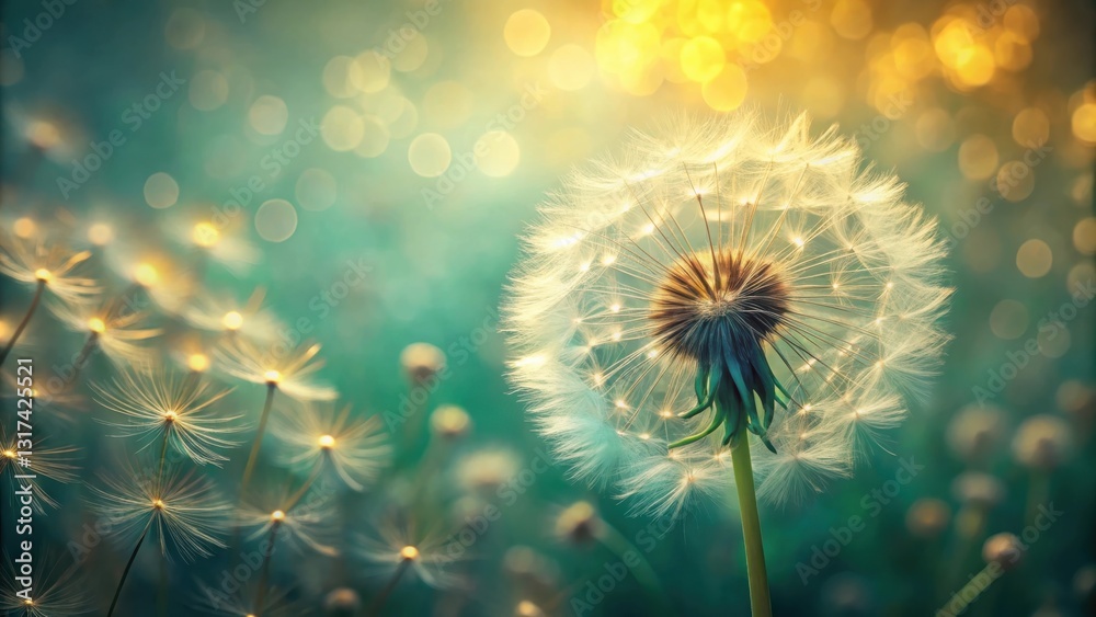 Aufkleber A Single Dandelion Seed Head with Delicate White Seeds and a Soft Blurred Background of Golden Light and Bokeh Circles
