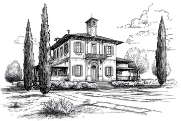 Fototapeta premium Ink sketch of a villa with cypress trees showcasing architectural details and the surrounding landscape.
