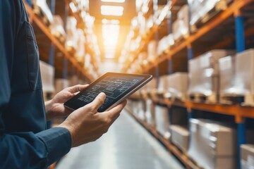 Warehouse Worker Using Digital Tablet in Busy Storage Space for Efficient Management
