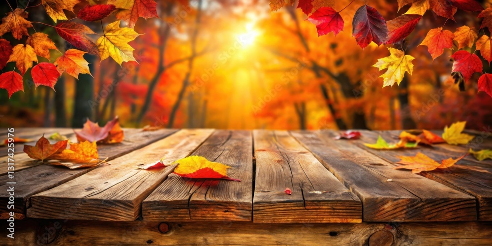 Poster a rustic wooden tabletop set against a backdrop of vibrant autumn foliage, capturing the essence of 