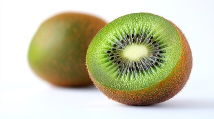 Fototapeta premium Kiwi fruit halves, close-up, white background, healthy eating