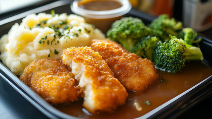 Fototapeta premium Crispy breaded fish with mashed potatoes and broccoli