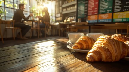 Two people enjoying coffee and croissants in a bright café setting.