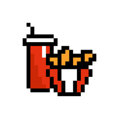 Obraz premium Pixel fried chicken wings with soda. Spicy crispy fast food legs in red packaging with sweet drink for appetizing 8 bit snack and game vector design