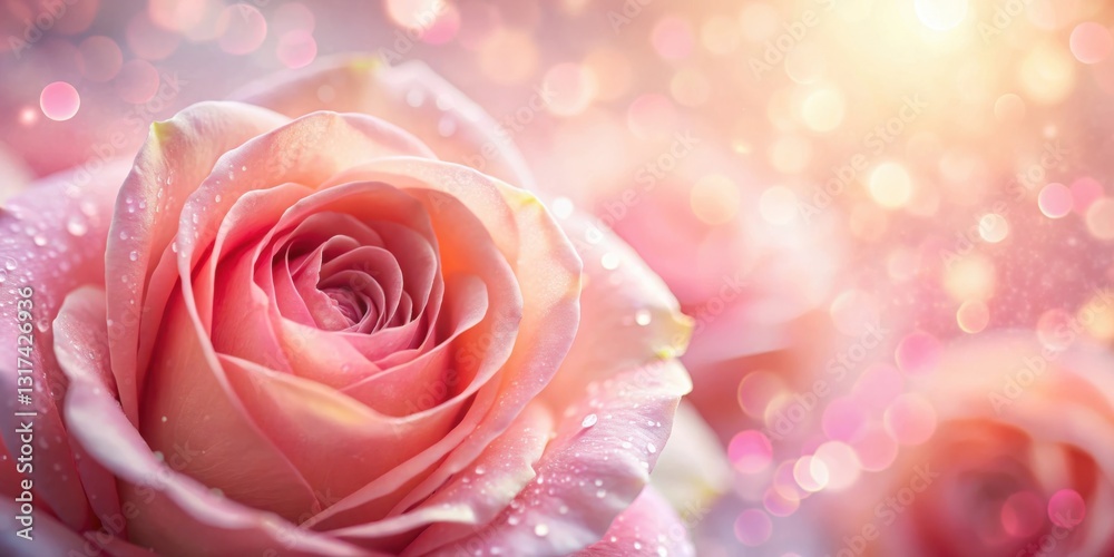Poster a close-up of a delicate pink rose with water droplets and a soft bokeh background