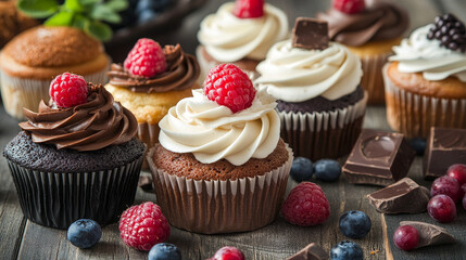 Cake shop banner vector illustration. Cakes natural ingredients. Premium quality. Chocolate and fruity desserts for cake shop with cupcakes, cakes, pudding, biscuits, whipped cream.