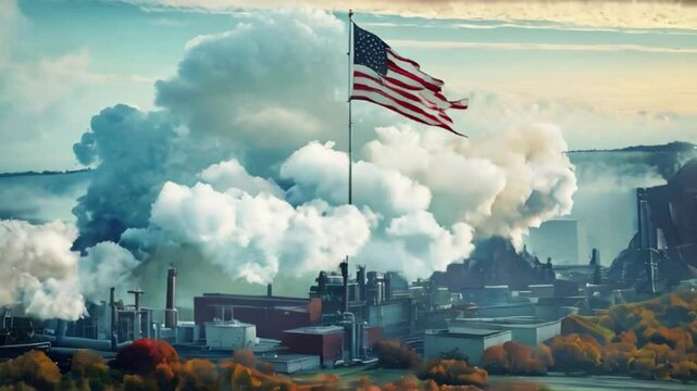 Drapeau am&eacute;ricain flottant rapidement devant des chemin&eacute;es polluantes