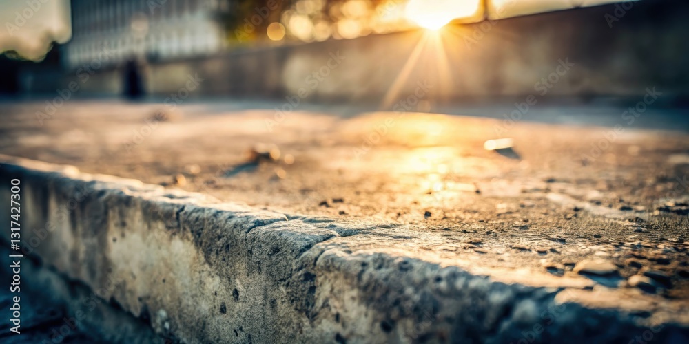 Poster Close-up of a concrete step illuminated by the golden rays of the setting sun, casting long shadows and highlighting the textured surface