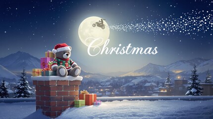 Teddy bear in festive sweater sitting on chimney with colorful gifts, snowy backdrop, moonlit village, and Santa on motorbike in sky. Christmas. Ai generative.