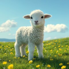 Fototapeta premium White lamb standing in a bright green field.