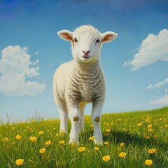 Obraz premium White lamb standing in a bright green field.