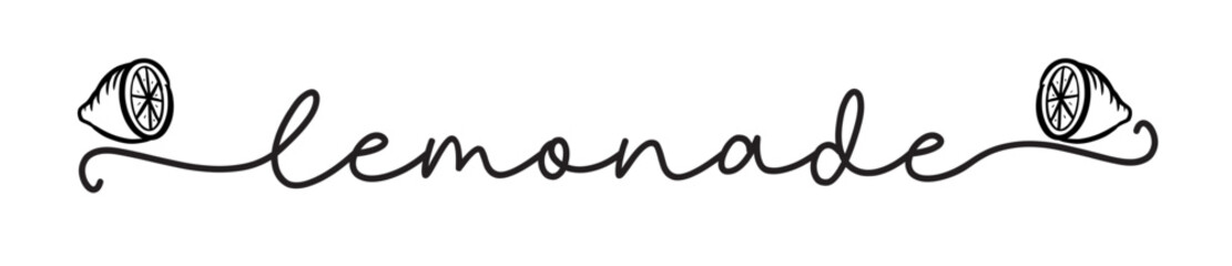 Lemonade. Word typography design. Black text - lemonade on white background. Summer fresh juice drink. Vector lemonade illustration. Hand lettering for poster, label, logo, sign.