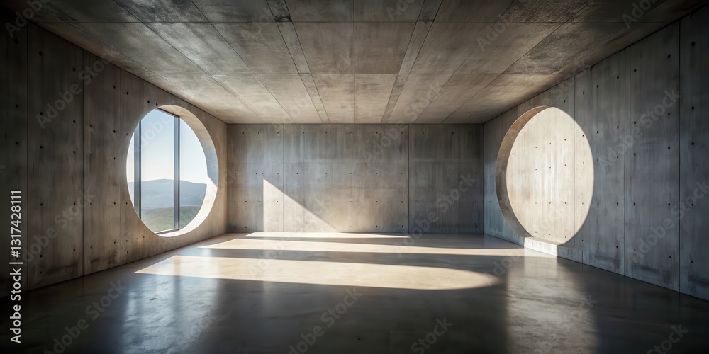 Poster minimalist concrete room with two circular windows and sunlight streaming through, casting shadows o