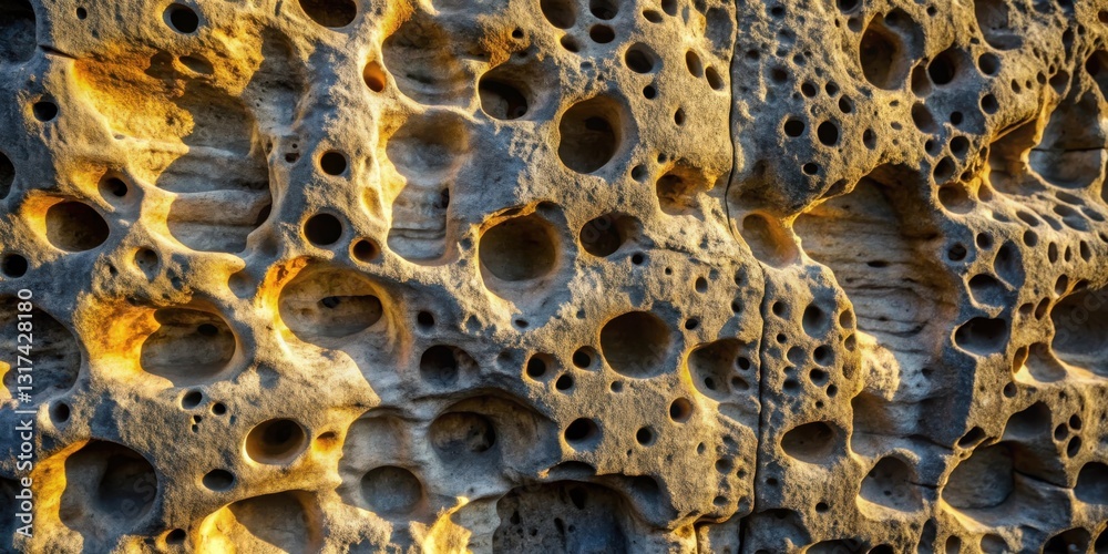 Poster a close-up view of a weathered rock surface with numerous round depressions created by erosion, show