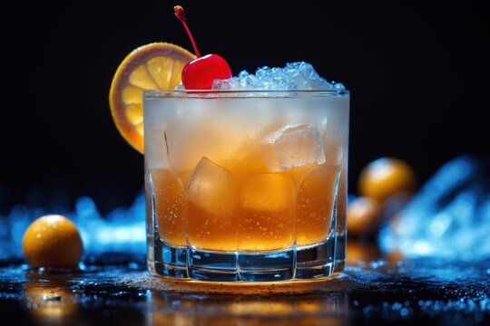 Refreshing cocktail with cherry and lemon garnished in a glass on a dark background