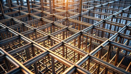 Fototapeta premium A network of steel bars forming a grid, a foundational framework for construction, reflecting light in a pattern of intersecting lines.