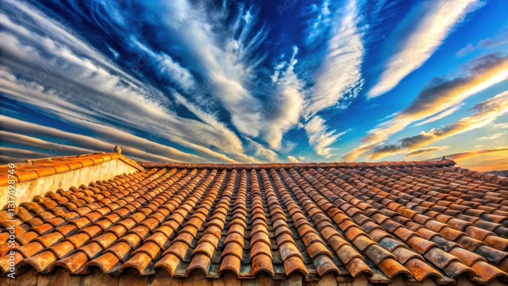 Aufkleber a terracotta roof with a pattern of overlapping tiles stretches towards a captivating sky adorned wi