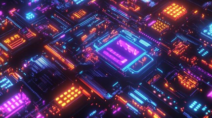 Obraz premium Neon Circuit Board Glow for Tech Abstract.