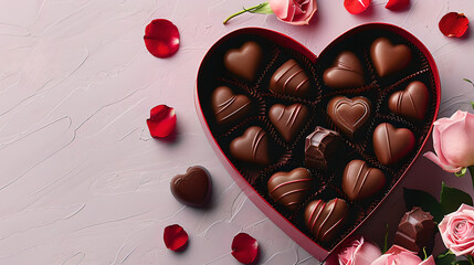 Heart-shaped chocolate truffles arranged in a red box with rose petals, capturing a romantic and luxurious atmosphere. Concept of love, indulgence, and Valentine's Day celebration.