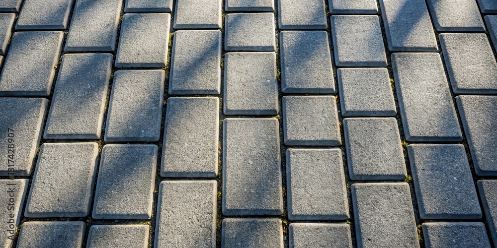 Poster A close-up shot of a concrete pavement with rectangular patterned bricks, featuring long shadows cast by nearby objects, highlighting the subtle texture of the surface