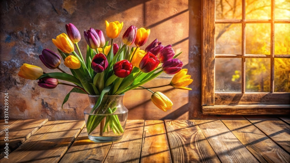 Poster a colorful bouquet of tulips in a glass vase on a rustic wooden table with a window view of the sunn