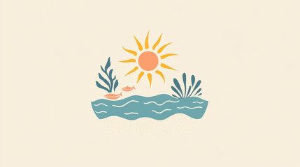 Obraz premium Hello Summer typographic logo sign on withe background. Sea plants, sun, beach sea and travel vector illustration. Holliday i love summer logo icons sun and fun rest