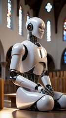 Fototapeta premium Futuristic Robot Meditating in Church Symbolizing Harmony Between Technology and Spirituality