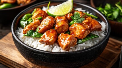Fototapeta premium A vibrant bowl featuring tender Thai-style chicken coated in a creamy coconut sauce, served over fragrant jasmine rice