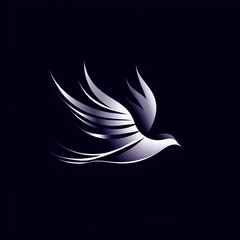 "A minimalist flying bird logo, sleek and abstract wings, dynamic and elegant flow, silver and dark blue colors, modern branding