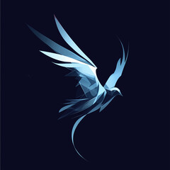 "A minimalist flying bird logo, sleek and abstract wings, dynamic and elegant flow, silver and dark blue colors, modern branding