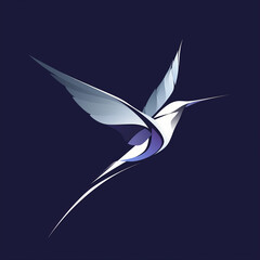 "A minimalist flying bird logo, sleek and abstract wings, dynamic and elegant flow, silver and dark blue colors, modern branding