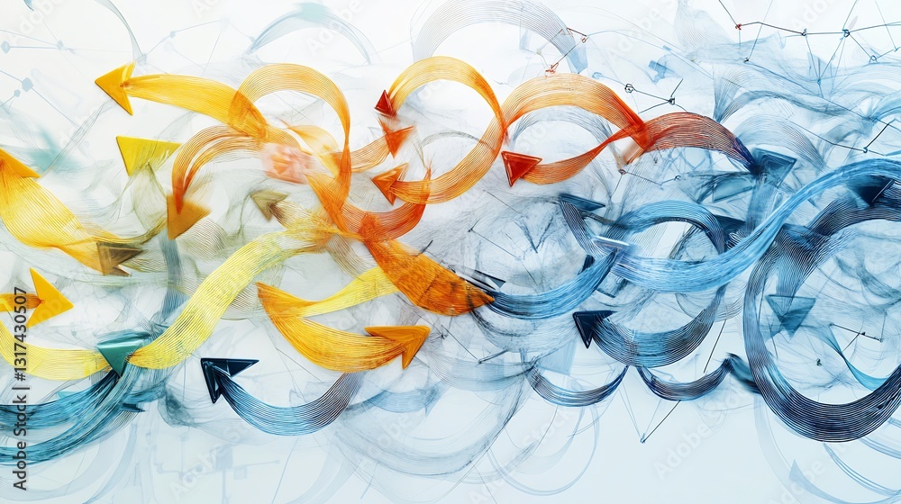 Poster Conceptual rendering of trade networks dynamic arrow patterns circular pathways representing global exchanges