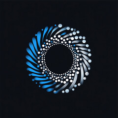 "A dynamic and minimal dot-based logo, central sphere with radiating motion blur effects, futuristic blue and silver tones, sleek and elegant branding