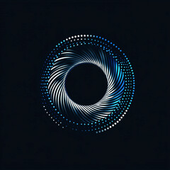 "A dynamic and minimal dot-based logo, central sphere with radiating motion blur effects, futuristic blue and silver tones, sleek and elegant branding