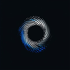 "A dynamic and minimal dot-based logo, central sphere with radiating motion blur effects, futuristic blue and silver tones, sleek and elegant branding