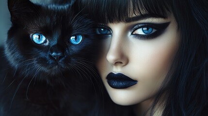 face portrait, young witch, woman wearing black smokey eyes shadow makeup and black lip holding black cat with blue eyes glowing in dark 