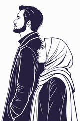 Man and woman in hijab in silhouette on white background