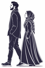 Man and woman in hijab in silhouette on white background