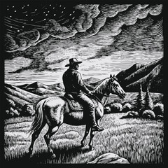Western Cowboy on Horseback in Rugged Prairie with Stormy Sky