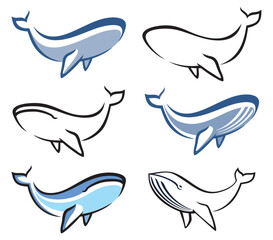 A set of whales in a simplified style. 