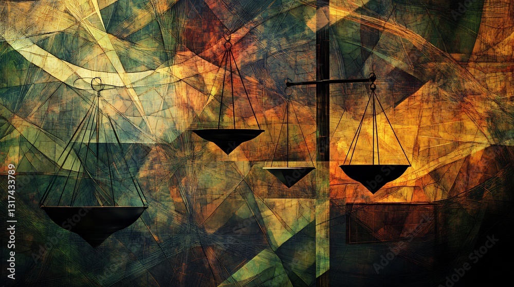 Poster Conceptual visualization of ethical decisionmaking symbolic scales interwoven geometric patterns