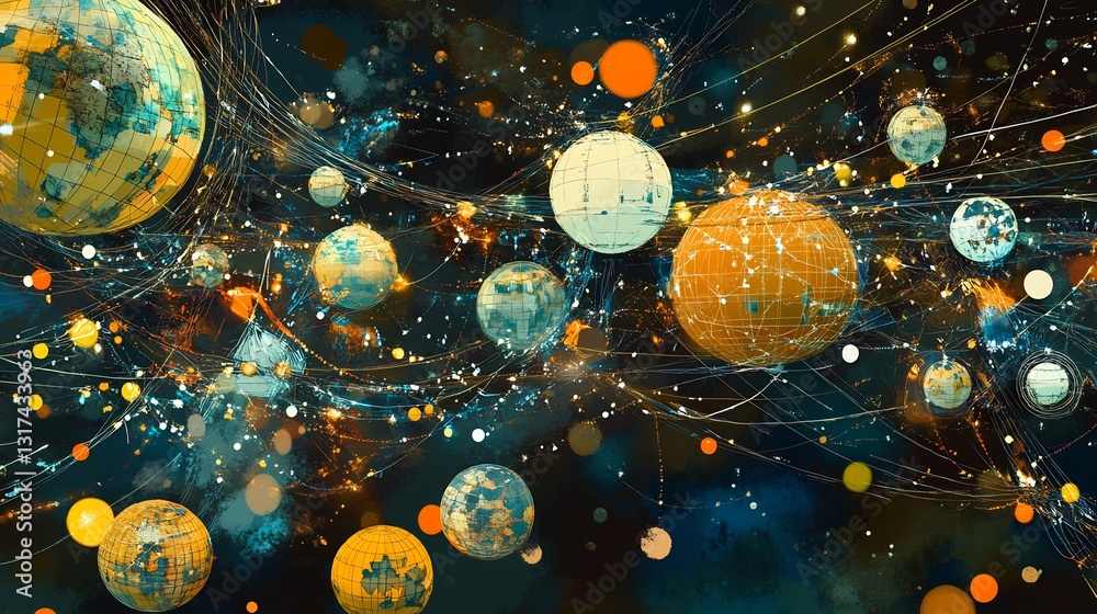 Fototapete Conceptual visualization of global governance showcasing layered globe icon interwoven patterns of policy connections