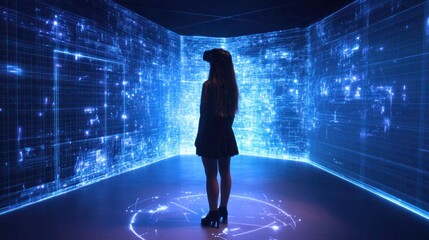 Obraz premium Immersion in the Metaverse: A Woman Navigating Virtual Reality Experiences