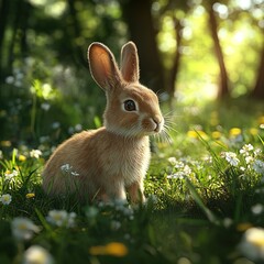 Fototapeta premium Brown rabbit sitting in a lush green meadow.