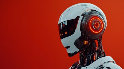 Futuristic humanoid robot with glowing features on a vibrant orange backdrop.