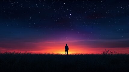 Silhouette of person at sunset beneath starry sky on grassy field.