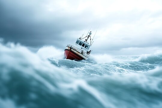 A small fishing boat battles through monstrous waves and turbulent, wind-swept rain, creating a high-stakes disaster. The boat appears overwhelmed by the sheer power of the sea